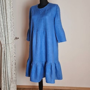 Green Linen Dress/ midi dress with belt/ Pleated dress/ loose linen dress/ womens dresses/ dress with pockets/boho dress/ edwardian style