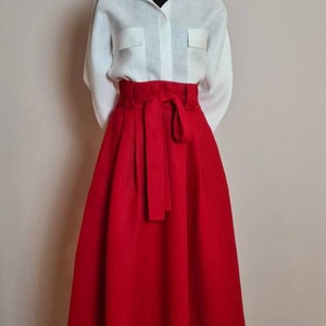 Midi high waist linen skirt/Casual linen skirt with pockets/ pleated skirt/ woman skirt/ red linen midi skirt/ elegant woman skirt with belt