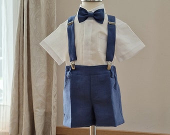 3pcs Toddler Ring Bearer wear/ Boys linen suspender shorts with bow-tie/Boys wedding baptism christening outfit/ dusty blue formal clothes