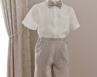 Linen beige boys Shorts with Bow-tie/Page Boy outfit/ Ring Bearer Outfit/Christening wedding baptism shorts/ Men's and boy's matching shorts