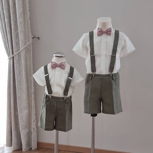 3pcs Toddler Ring Bearer wear/ Boys linen suspender shorts, dusti pink bow-tie/ wedding baptism christening outfit/sage green formal clothes