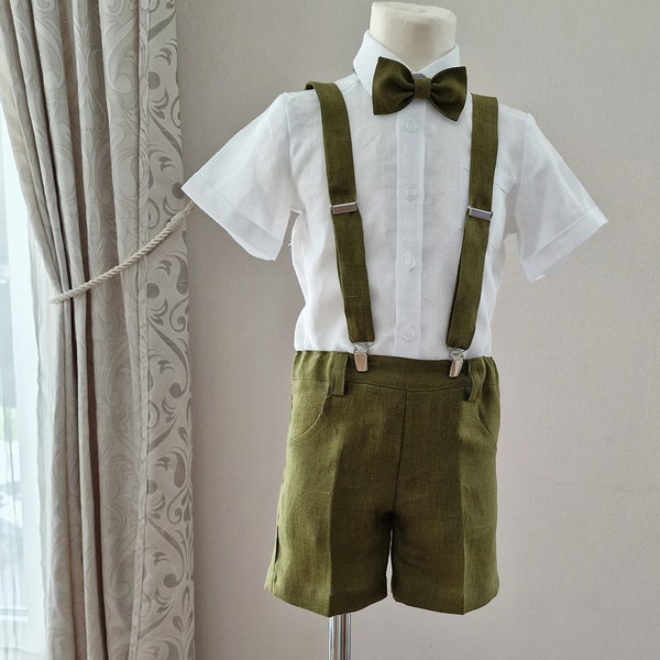 3pcs Toddler Ring Bearer wear/ Boys linen suspender shorts with bow-tie/Boys wedding baptism christening outfit/olive green formal clothes