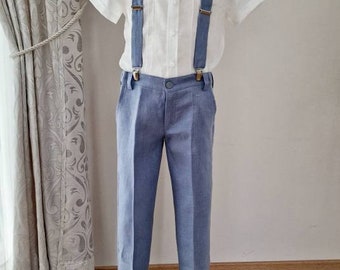 3pc Linen Toddler Pants with Braces / Dusty blue Boys Trousers / Suspender Bow-ti Pants / Ring Bearer, Page Boy Outfit / Wedding formal wear