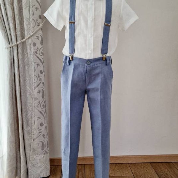 3-teilige Leinenhose mit Hosenträgern / Blaue Jungenhose / Strapshose / Ringträger, Pagenjunge Outfit / Abendkleidung