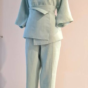Linen suit with basque/ 3pcs linen suit/Linen blouse and trousers with basque skirt/ obi belt/ linen elegant set/ linen tunic and trousers/