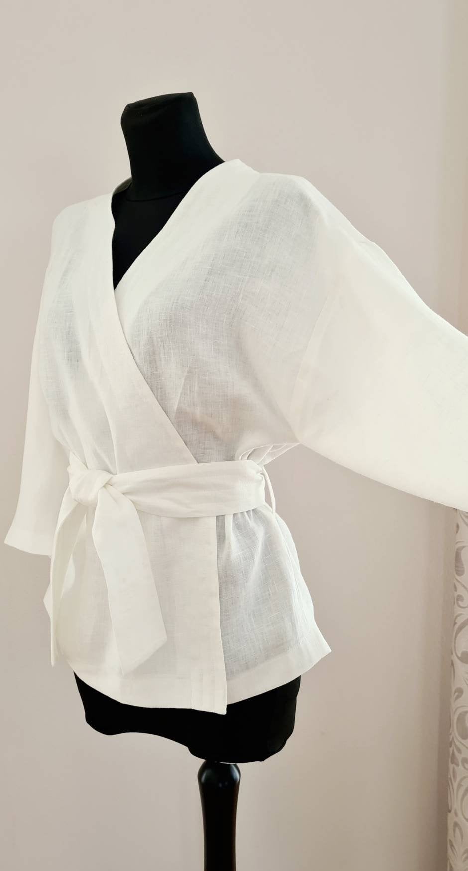 Kimono blouse/ loose linen white blouse/ top with belt/ wrap linen blouse/ pure linen longsleeves linen top/ minimalist style blouse