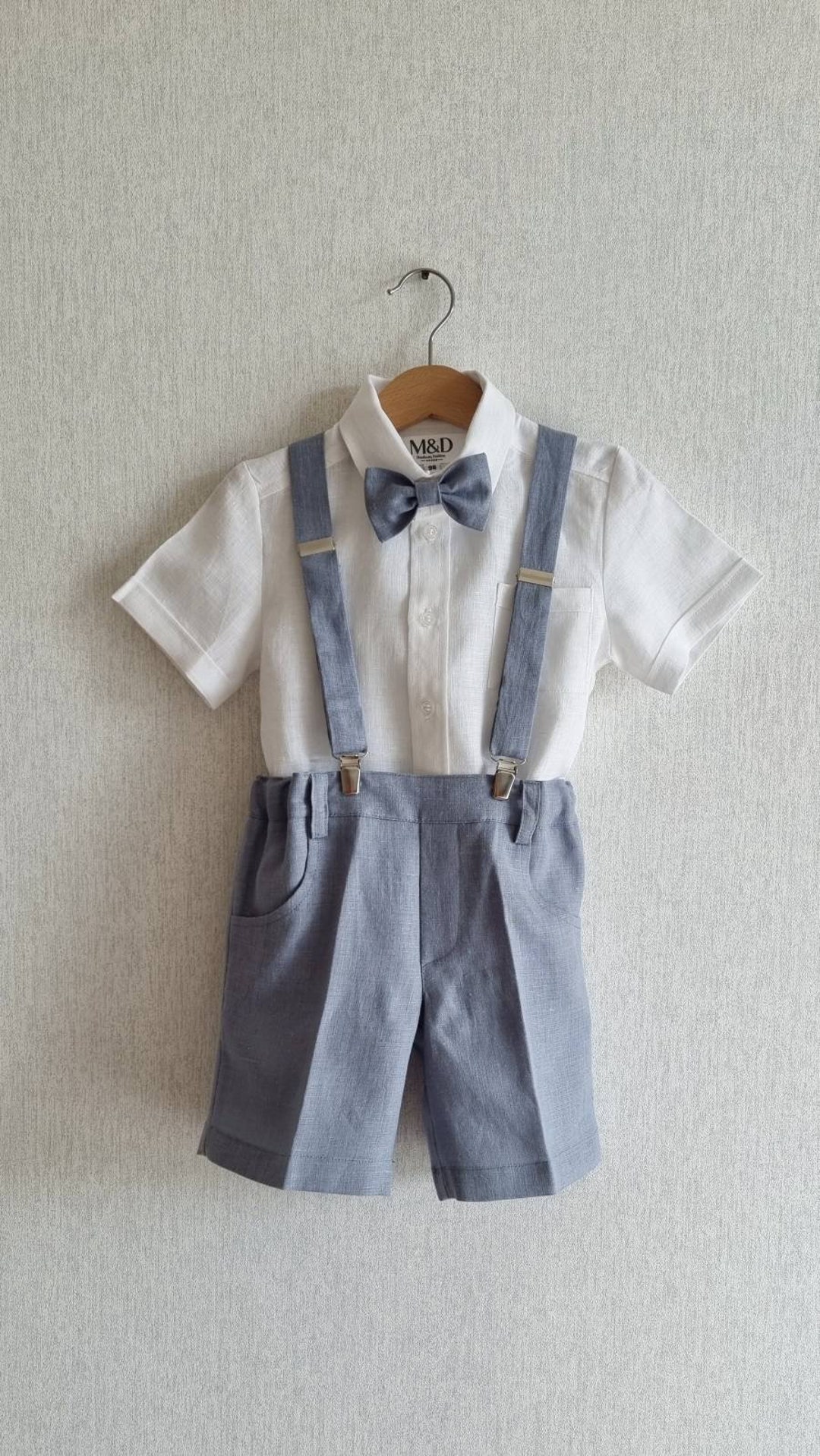 3pcs Toddler Ring Bearer Wear/ Boys Linen Suspender Shorts With