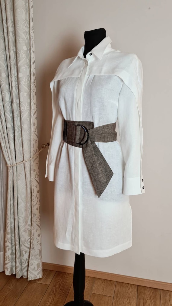 white shirt dress with brown belt Semi-fitted long shirt/ Linen Dress/ Linen Shirt Wide Belt/ Button up Shirt with Obi Womens dresses