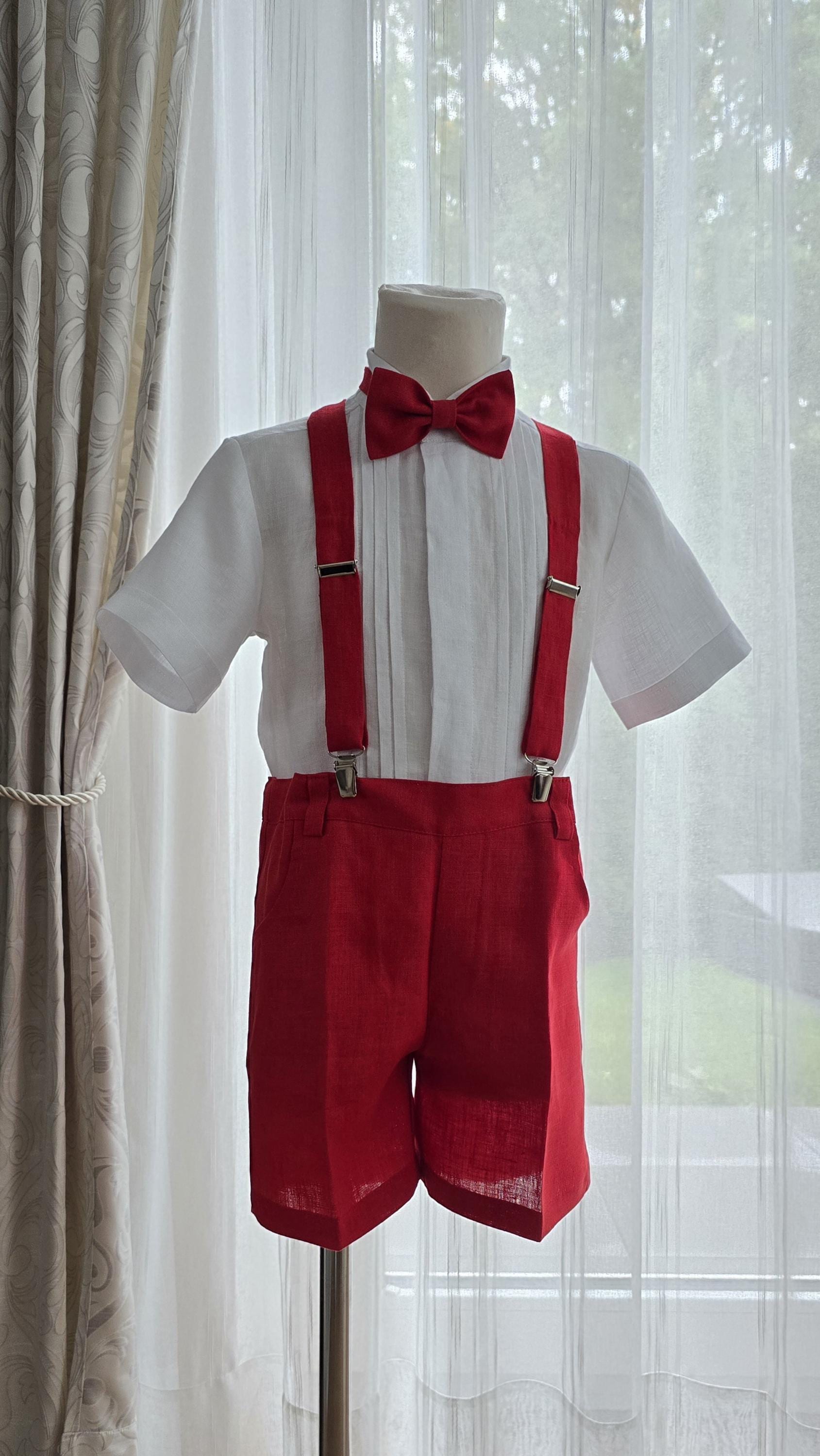 3pcs Toddler Ring Bearer linen wear/ Sage boys linen suspender shorts with bow-tie/ yellow boys wedding baptism outfit/ yellow formal clothe