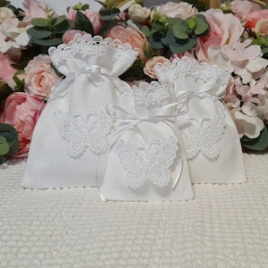 White bag/ christening gift bag/ flax gift bag/10 pcs 4x6&#39;&#39; Linen bags with lace/ candy bags/ Favor bags - Wedding - Shower
