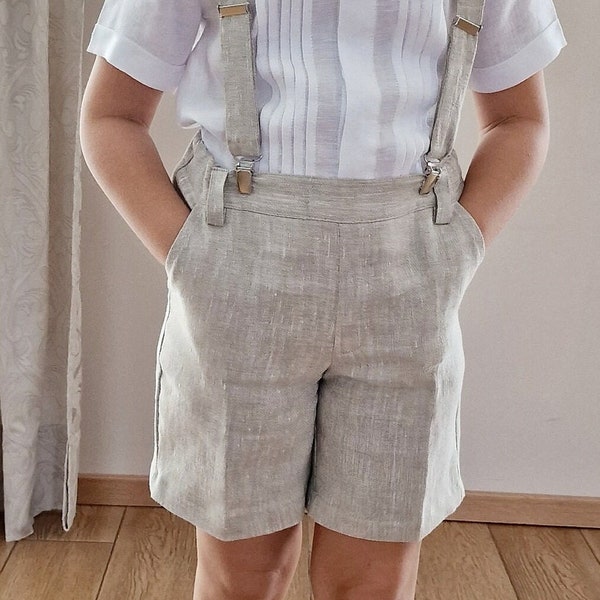 3pcs Toddler Ring Bearer wear/ Boys linen suspender shorts with bow-tie/Boys wedding baptism christening outfit/Melange beige formal clothes