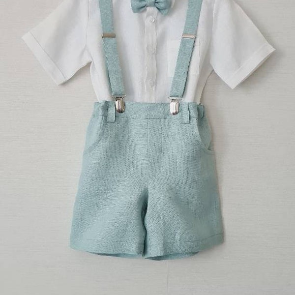 3pcs Linen toddler page boys ringbearer wear/ wedding, baptism, christening outfit for boys/sage-mint classic shorts with bow-tie suspenders