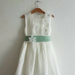 Linen Flowergirl dress/ white linen baby girl dress/ wedding sleevles dress with mint sash/ christening baptism long linen white dress