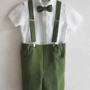 3pcs Toddler Ring Bearer wear/ Boys sage linen suspender shorts with bow-tie/Boys wedding baptism christening outfit/green formal clothes