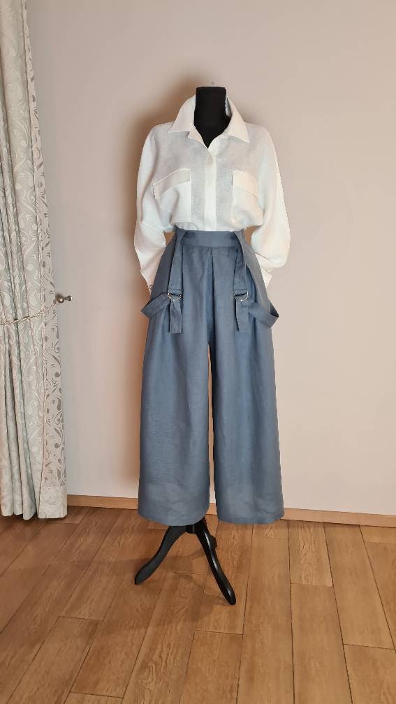 Suspenders Pants, Wide Leg Trousers, Pleated Wide Leg Pants Suspenders Pants, Wide Leg Trousers, Pleated Wide Leg Pants