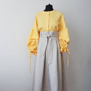 Linen High Waist Midi Skirt with Pockets/ Pleated A-Line linen Midi Skirt with Pocket / Linen Maxi Skirt/more color available