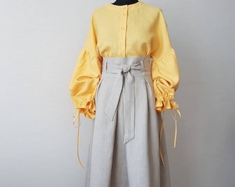 Linen High Waist Midi Skirt with Pockets/ Pleated A-Line linen Midi Skirt with Pocket / Linen Maxi Skirt/more color available