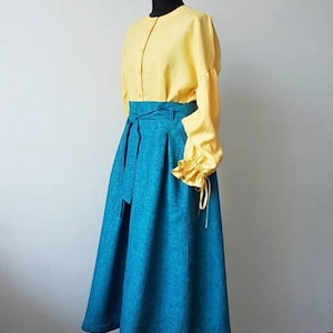 Linen High Waist Midi Skirt with Pockets/ Pleated A-Line linen Midi Skirt / Linen Maxi Skirt/ Big Size woman skirt/ Oversizes woman wear