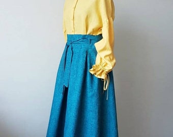 Linen High Waist Midi Skirt with Pockets/ Pleated A-Line linen Midi Skirt / Linen Maxi Skirt/ Big Size woman skirt/ Oversizes woman wear