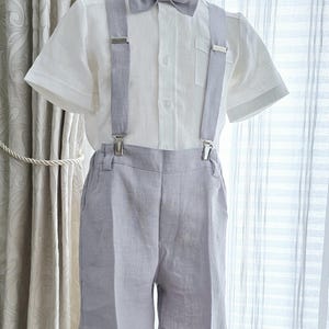 3pcs Toddler Ring Bearer linen wear/ Sage boys linen suspender shorts with bow-tie/ boys wedding baptism outfit/light gray formal clothes