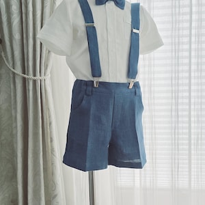 3pcs Toddler Ring Bearer linen wear/ Sage boys linen suspender shorts with bow-tie/ green boys wedding baptism outfit/ blue formal clothes