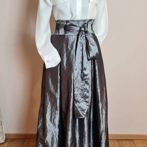 Woman pleated skirt/ evening maxi skirt/edwardian pleated skirt/skirt with belt/crash taft skirt/ wedding skirt/ gray metallic skirt/