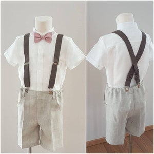 3pcs Baby, Toddler, Boys beige linen shorts, linen brown suspenders, linen dusti pink bow-tie/ linen ring bearer outfit/