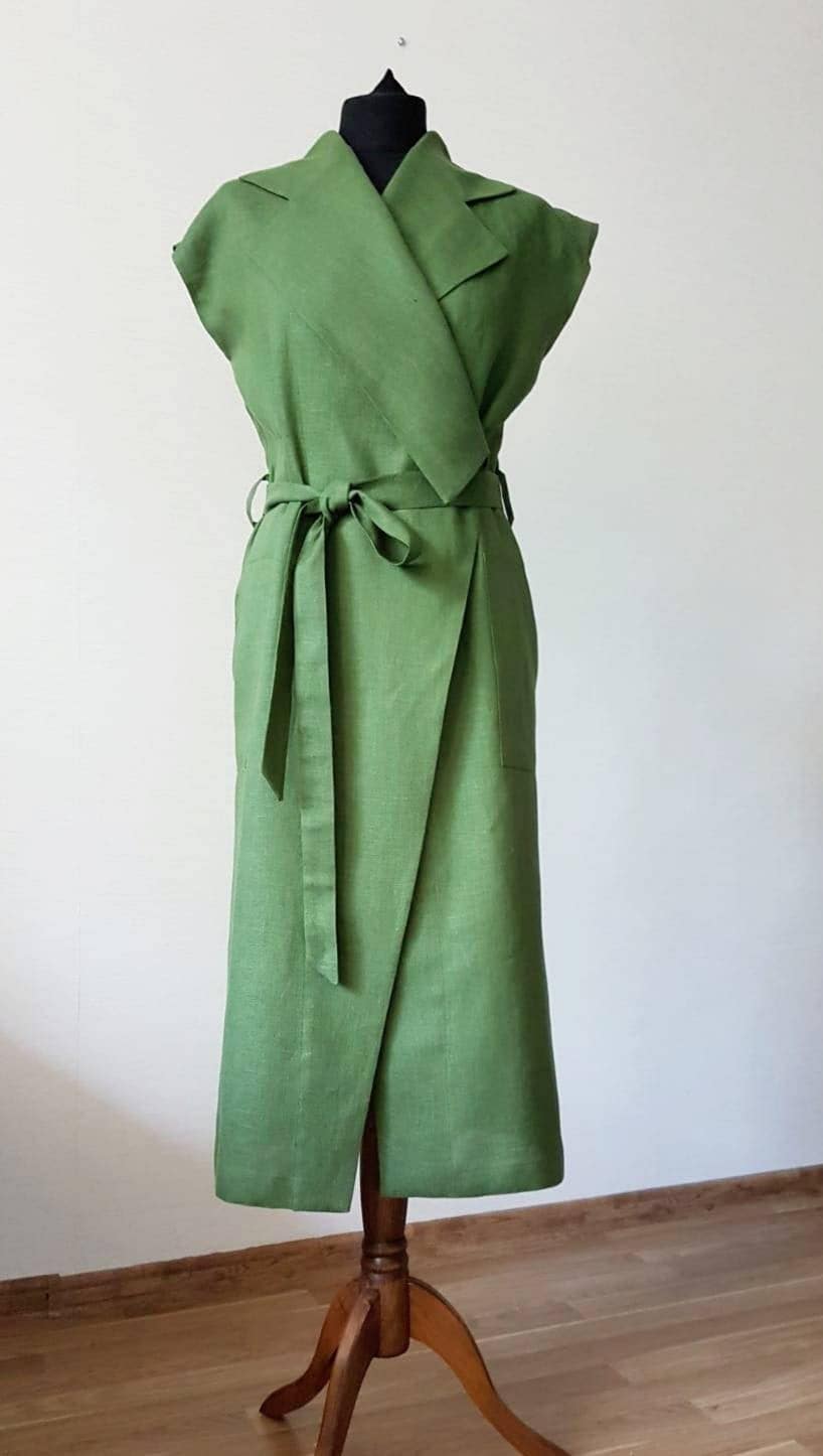 Green Linen Wrap Dress