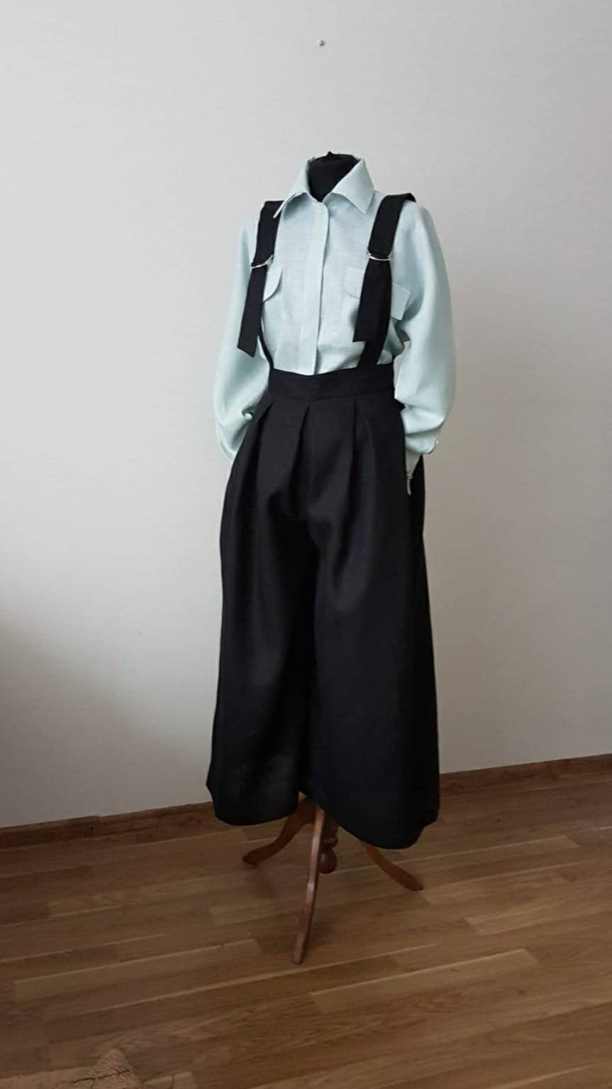 Suspenders Pants, Wide Leg Trousers, Pleated Wide Leg Pants Suspenders Pants, Wide Leg Trousers, Pleated Wide Leg Pants