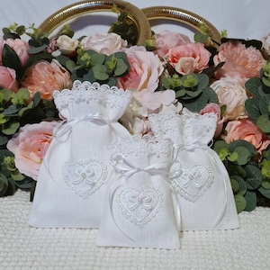 White bag/ christening gift bag/ flax gift bag/10 pcs 4x6&#39;&#39; Linen bags with lace/ candy bags/ Favor bags - Wedding - Shower