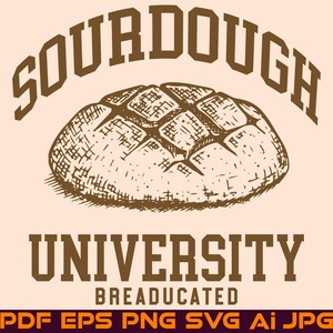 Può includere: Un'illustrazione marrone di una pagnotta di pane a lievitazione naturale con il testo "SOURDOUGH UNIVERSITY BREADUCATED" sotto. Il testo è in un carattere marrone serif.