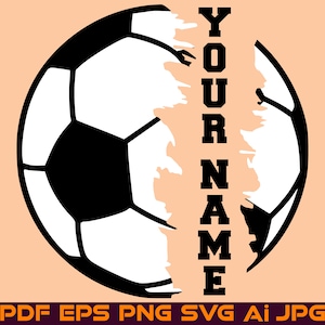 May include: Black and white soccer ball with a white background. The ball is partially obscured by a white brush stroke. The text "YOUR NAME" is written vertically in black letters on the right side of the image.