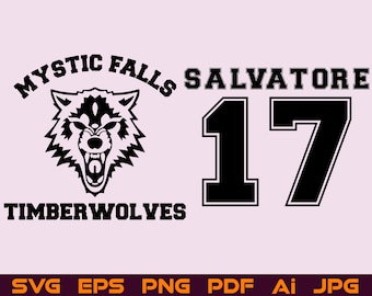 Puede incluir: Diseño gráfico en blanco y negro con la cabeza de un lobo y el texto "Mystic Falls Timberwolves" y "Salvatore 17".