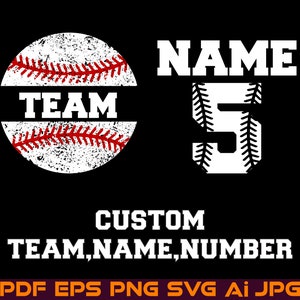 May include: A white baseball graphic with red stitching and the word "TEAM" inside. The graphic is distressed and has a white background. Below the graphic is the text "CUSTOM TEAM,NAME,NUMBER" in white. Below that is the text "PDF EPS PNG SVG AI JPG" in white.