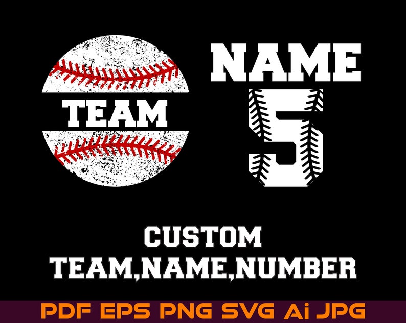 May include: A white baseball graphic with red stitching and the word "TEAM" inside. The graphic is distressed and has a white background. Below the graphic is the text "CUSTOM TEAM,NAME,NUMBER" in white. Below that is the text "PDF EPS PNG SVG AI JPG" in white.