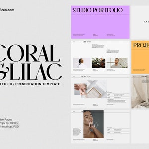 May include: A presentation template with a coral and lilac color scheme. The template is titled "Coral & Lilac Portfolio/Presentation Template". The template includes 12 editable pages and is sized at 1920 pixels by 1080 pixels. The template is designed for use with Adobe Photoshop.