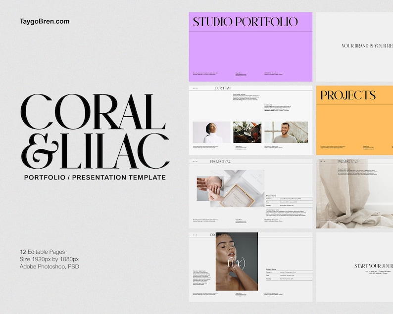 May include: A presentation template with a coral and lilac color scheme. The template is titled "Coral & Lilac Portfolio/Presentation Template". The template includes 12 editable pages and is sized at 1920 pixels by 1080 pixels. The template is designed for use with Adobe Photoshop.