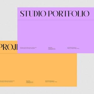 May include: A purple and orange design with the text "STUDIO PORTFOLIO" and "PROJI" in black. The text "Branding is about telling stories, and each story must be made up of the right components." is repeated on both colors. The text "Taggi Bien" and contact information is also included.