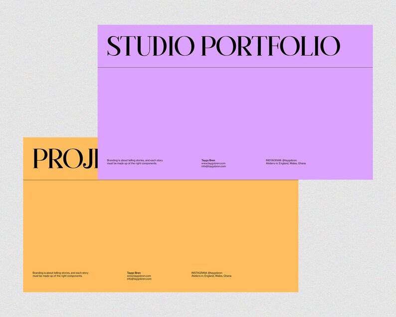May include: A purple and orange design with the text "STUDIO PORTFOLIO" and "PROJI" in black. The text "Branding is about telling stories, and each story must be made up of the right components." is repeated on both colors. The text "Taggi Bien" and contact information is also included.