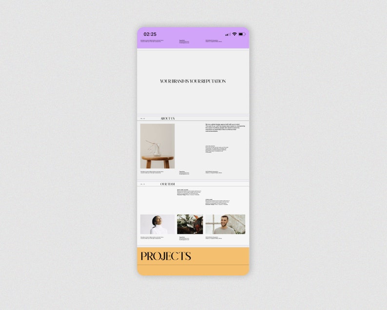 May include: A mobile phone screen displaying a website with the text "Your brand is your reputation." The website has sections for "About Us", "Our Team", and "Projects".