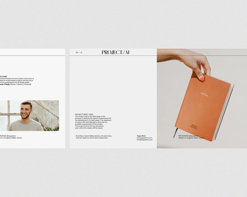 May include: A close-up of a brown leather bound journal with gold lettering that reads "HELLO JOURNAL" and "2023". The journal is being held by a hand with orange nail polish.