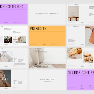 May include: A studio portfolio presentation with a purple, orange, and white color scheme. The text "Studio Portfolio" appears in a bold, black font on a purple background. The text "Projects" appears in a bold, black font on an orange background. The text "Your brand is your reputation" appears in a bold, black font on a white background.