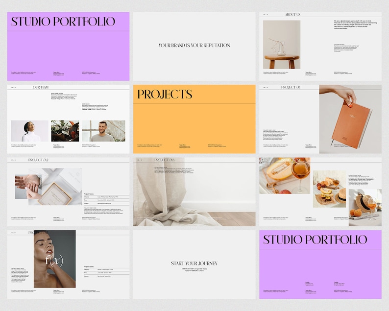 May include: A studio portfolio presentation with a purple, orange, and white color scheme. The text "Studio Portfolio" appears in a bold, black font on a purple background. The text "Projects" appears in a bold, black font on an orange background. The text "Your brand is your reputation" appears in a bold, black font on a white background.