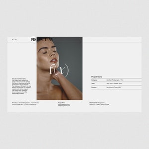 May include: A close-up portrait of a person with their eyes closed. The image is in black and white and has the text "f(x)" in the corner. The text "Project Name: Identity / Photography / Print" is visible in the lower right corner of the image.