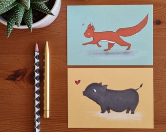 2x Tiere Postkarte Eichhörnchen Schwein | Kinder | Geburtstagskarte | Recycling Papier | Liebe | Karten Set | Geburtstag Hängebauchschwein