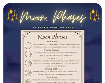 Basic moon phases cheatsheet, grimoire, witchcraft pages, moon phases, astrology, witch, manifestation, book of shadows, printable, moon,pdf