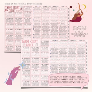 May include: Tarot cheat sheet with Rider-Waite meanings, featuring card descriptions and keywords. Includes horizontal and vertical styles. The text reads: "Perfect to use alongside your tarot readings."