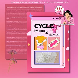 May include: A pink and white illustrated guide to understanding your menstrual cycle. The guide is titled "Cycle Syncing 4 Beginners" and includes illustrations of a woman's body, a menstrual pad, and a uterus. The guide is available in both UK A4 and US Letter standard sizes.