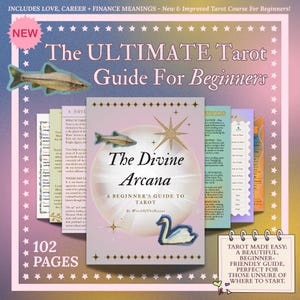 Può includere: Una guida ai tarocchi intitolata "The Divine Arcana: A Beginner's Guide to Tarot" con una copertina rosa, una stella d'oro e un'illustrazione di cigno. La guida è circondata da altre carte dei tarocchi e dal testo "The ULTIMATE Tarot Guide For Beginners". La guida ha 102 pagine.