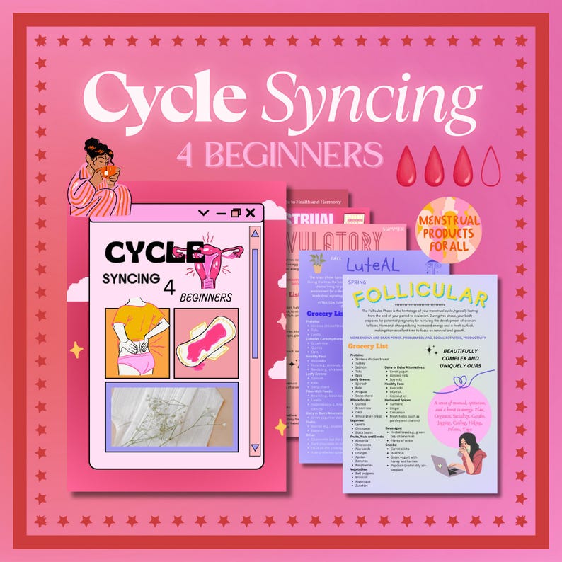 May include: A pink and white illustrated guide to cycle syncing for beginners. The guide includes information on the follicular, luteal, and menstrual phases of the cycle. The guide also includes a grocery list for each phase.
